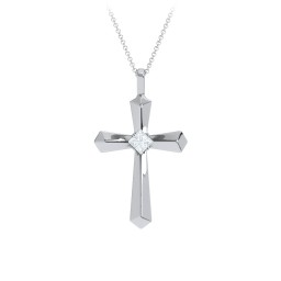 Flared Cross Pendant with Princess Stone in 925 Sterling Silver with Aquamarine