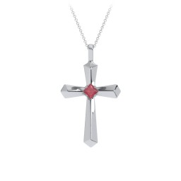 Flared Cross Pendant with Princess Stone in 925 Sterling Silver with Ruby