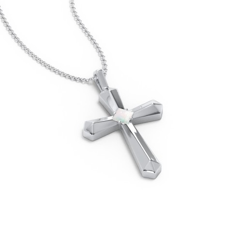 Flared Cross Pendant with Princess Stone – Sterling Silver with Opal