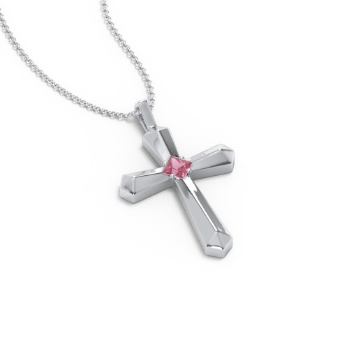 Flared Cross Pendant with Princess Stone – Sterling Silver with Pink Tourmaline
