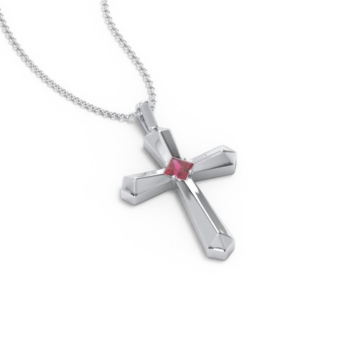 Flared Cross Pendant with Princess Stone – Sterling Silver with Ruby