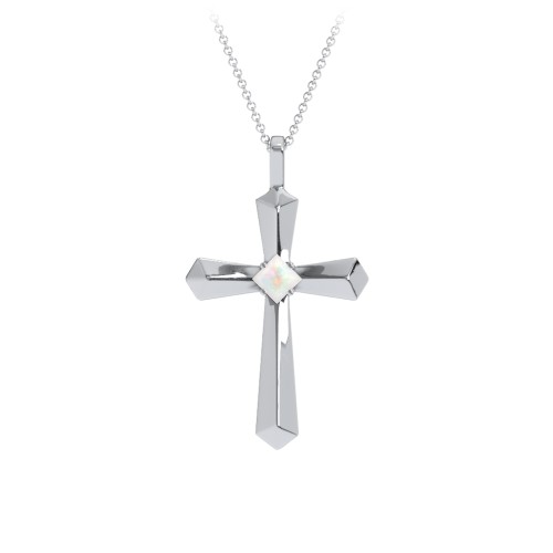 Flared Cross Pendant with Princess Stone – Sterling Silver with Opal