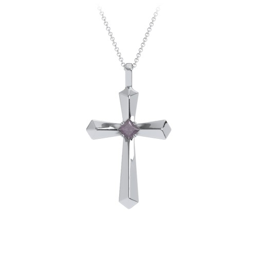 Flared Cross Pendant with Princess Stone – Sterling Silver with Alexandrite