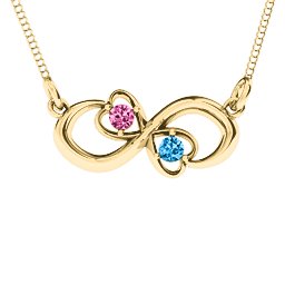 Two Hearts Infinity Pendant in 9K Solid Yellow Gold with Pink Tourmaline and Blue Topaz