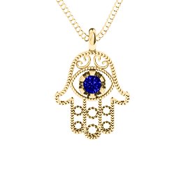 Hamsa Pendant in 9K Solid Yellow Gold with Blue Sapphire