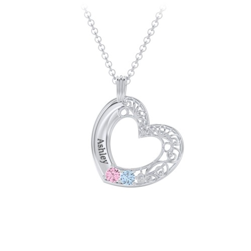 Engravable Filigree Heart Pendant with Birthstones