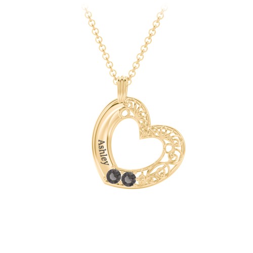Engravable Filigree Heart Pendant with Birthstones – 18K Gold Plated Silver with Smokey Quartz