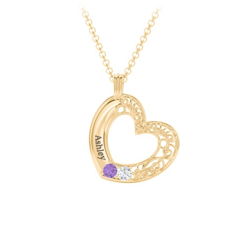 Engravable Filigree Heart Pendant with Birthstones – 18K Gold Plated Silver with Amethyst and Cubic Zirconia