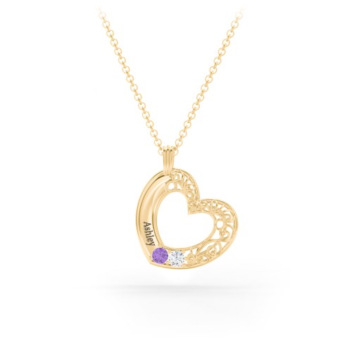 Engravable Filigree Heart Pendant with Birthstones – 18K Gold Plated Silver with Amethyst and Cubic Zirconia