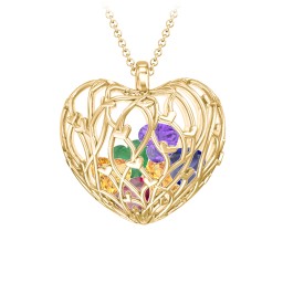 Organic Caged Hearts Pendant in 18K Gold Plated Silver with Ruby, Citrine, Emerald, Blue Sapphire, and Amethyst