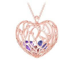 Organic Caged Hearts Pendant in 9K Solid Rose Gold with Garnet, Blue Sapphire, and Amethyst
