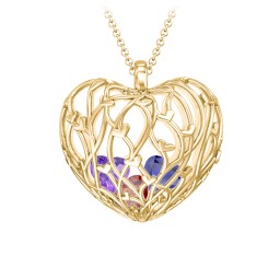 Organic Caged Hearts Pendant in 18K Gold Plated Silver with Garnet, Blue Sapphire, and Amethyst