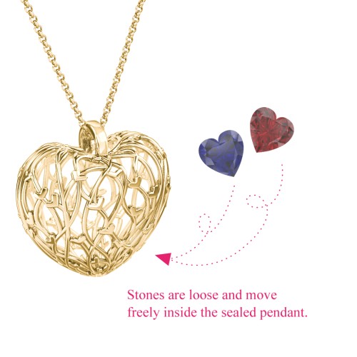 Organic Caged Hearts Pendant – 18K Gold Plated Silver with Blue Sapphire and Garnet