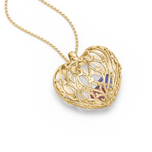 Organic Caged Hearts Pendant – 18K Gold Plated Silver with Garnet and Blue Sapphire