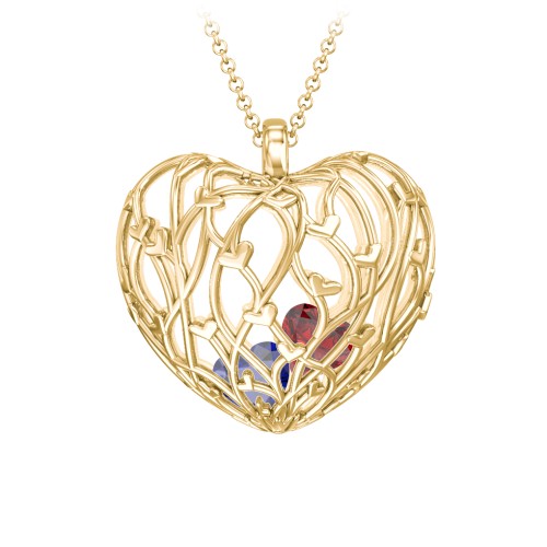 Organic Caged Hearts Pendant – 18K Gold Plated Silver with Blue Sapphire and Garnet