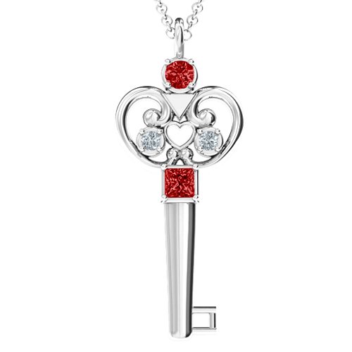 3–5 Stone Accented Key Pendant – Sterling Silver with Garnet and Cubic Zirconia
