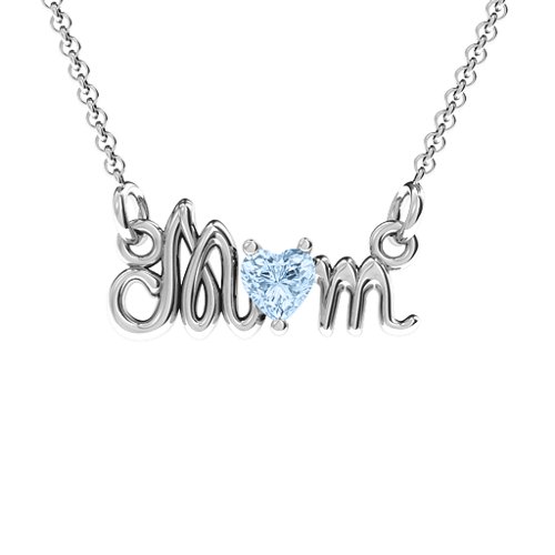 Graceful Mom Heart Birthstone Pendant – Sterling Silver with Aquamarine