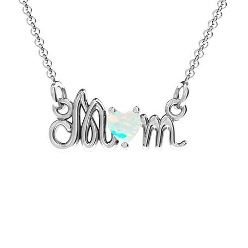 Graceful Mom Heart Birthstone Pendant – Sterling Silver with Opal