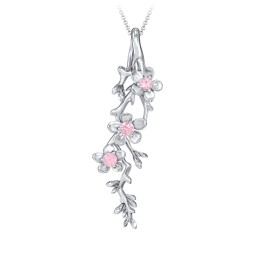 Cherry Blossoms in Bloom Branch Pendant in 925 Sterling Silver with Pink Tourmaline, Cubic Zirconia, and Blue Sapphire
