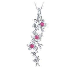 Cherry Blossoms in Bloom Branch Pendant in 925 Sterling Silver with Ruby, Cubic Zirconia, and Blue Sapphire