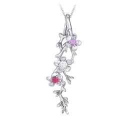Cherry Blossoms in Bloom Branch Pendant in 925 Sterling Silver with Amethyst, Cubic Zirconia, Ruby, and Blue Sapphire