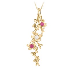 Cherry Blossoms in Bloom Branch Pendant in 9K Solid Yellow Gold with Ruby, Cubic Zirconia, and Blue Sapphire