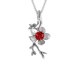 Cherry Blossom in Bloom Flower Pendant in 925 Sterling Silver with Garnet