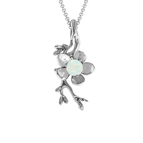Cherry Blossom in Bloom Flower Pendant – Sterling Silver with Opal