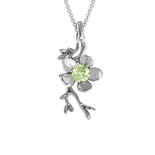 Cherry Blossom in Bloom Flower Pendant – Sterling Silver with Peridot