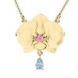 Orchid and Pear Drop Pendant in 9K Solid Yellow Gold with Pink Tourmaline and Aquamarine