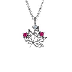 Maple Leaf with Stone Pendant – Sterling Silver with Ruby and Cubic Zirconia
