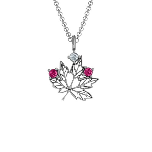 Maple Leaf with Stone Pendant – Sterling Silver with Ruby and Cubic Zirconia