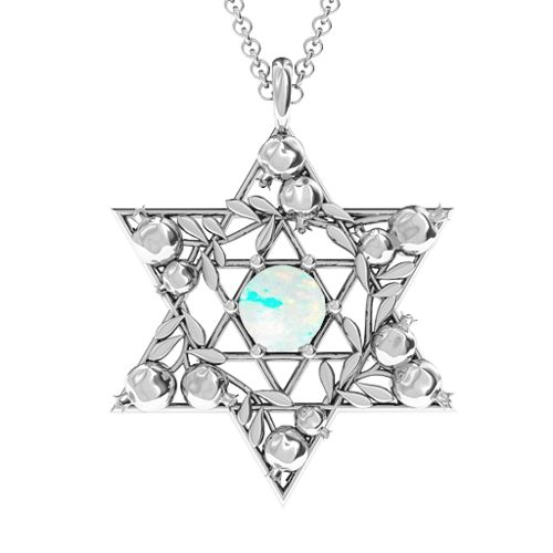 Pomegranate Branch Star of David Pendant – Sterling Silver with Opal