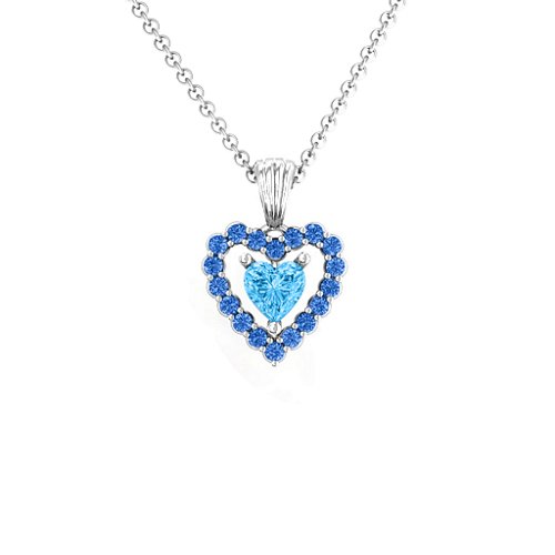 Heart in Heart Halo Pendant – Sterling Silver with Blue Topaz and Fancy Blue Premium Zirconia