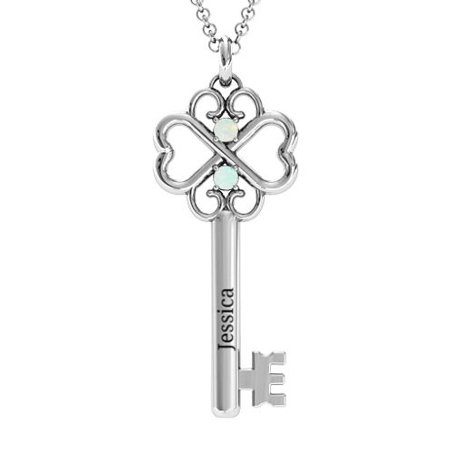 Hearts and Clover Infinity Key Pendant – Sterling Silver with Opal