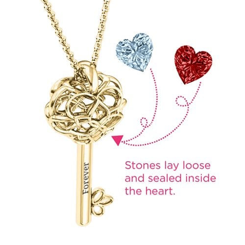 “Beautiful Blossoms” Caged Key Pendant – 9kt Yellow Gold with Aquamarine and Garnet