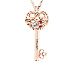 “Beautiful Blossoms” Caged Key Pendant in 9K Solid Rose Gold with Aquamarine, Garnet, Emerald, and Cubic Zirconia