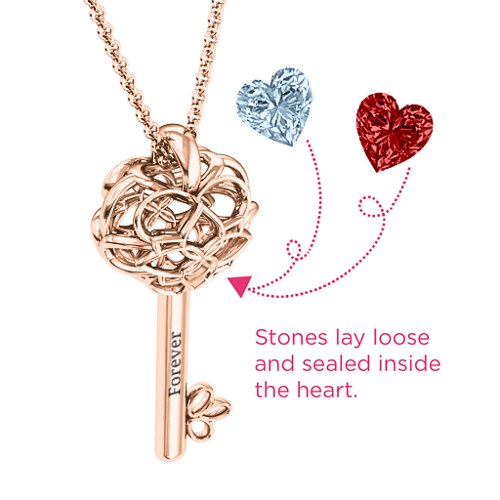 “Beautiful Blossoms” Caged Key Pendant – 9kt Rose Gold with Aquamarine and Garnet