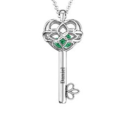 “Beautiful Blossoms” Caged Key Pendant in 925 Sterling Silver with Emerald and Cubic Zirconia