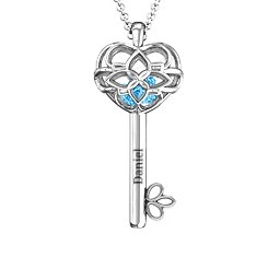 “Beautiful Blossoms” Caged Key Pendant in 925 Sterling Silver with Blue Topaz, Emerald, and Cubic Zirconia