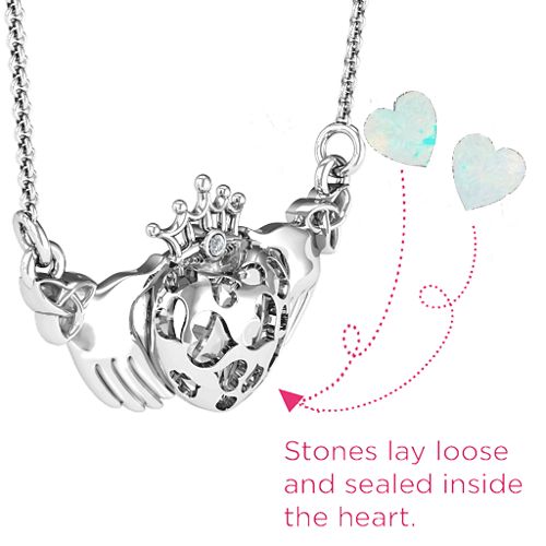 Caged Hearts Claddagh Pendant – Sterling Silver with Opal and Cubic Zirconia