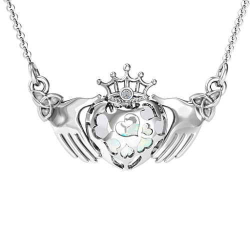 Caged Hearts Claddagh Pendant – Sterling Silver with Opal and Cubic Zirconia