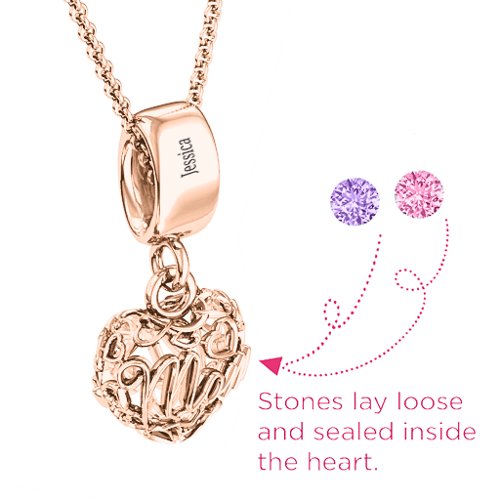 Engravable Mom Heart Cage Pendant with 2-4 Gemstones – 9kt Rose Gold with Amethyst and Pink Tourmaline