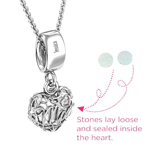 Engravable Mom Heart Cage Pendant with 2-4 Gemstones – Sterling Silver with Opal