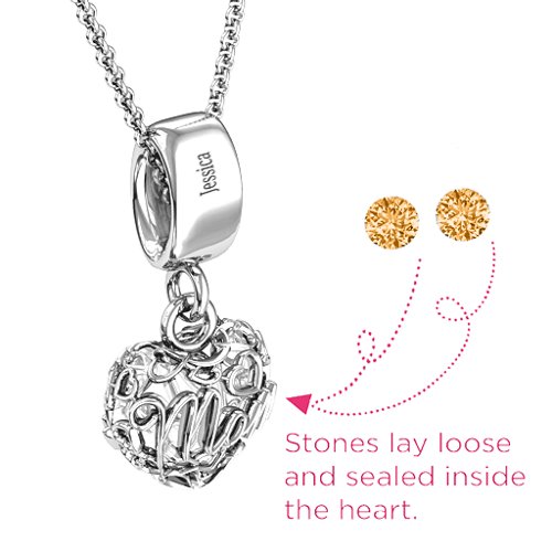 Engravable Mom Heart Cage Pendant with 2-4 Gemstones – Sterling Silver with Citrine