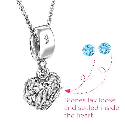 Engravable Mom Heart Cage Pendant with 2-4 Gemstones – Sterling Silver with Blue Topaz