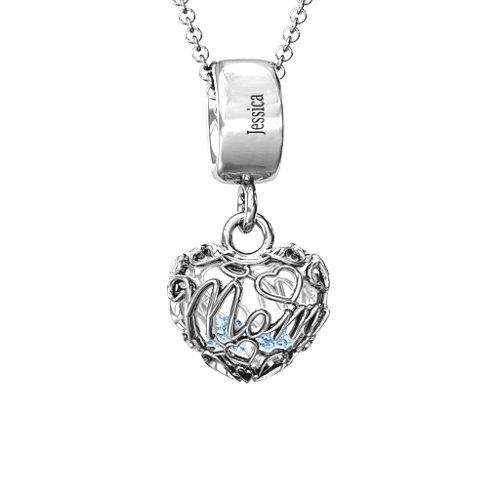 Engravable Mom Heart Cage Pendant with 2-4 Gemstones – Sterling Silver with Aquamarine