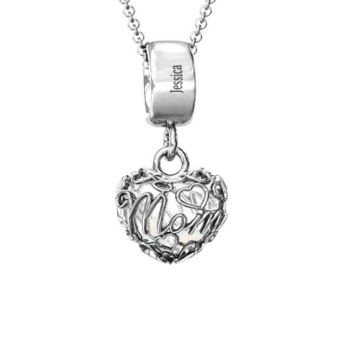 Engravable Mom Heart Cage Pendant with 2-4 Gemstones – Sterling Silver with Opal
