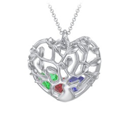Family Tree Caged Heart Pendant in 925 Sterling Silver with Garnet, Blue Sapphire, and Emerald