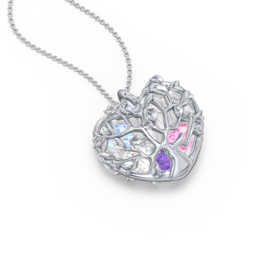 Family Tree Caged Heart Pendant – Sterling Silver with Amethyst, Pink Tourmaline, Cubic Zirconia, and Aquamarine